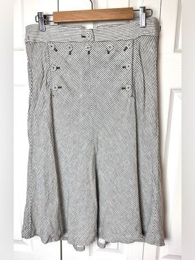 Vtg J.CREW Sailor Button Midi Skirt Seersucker Linen Lace Up Back Vintage A-Line